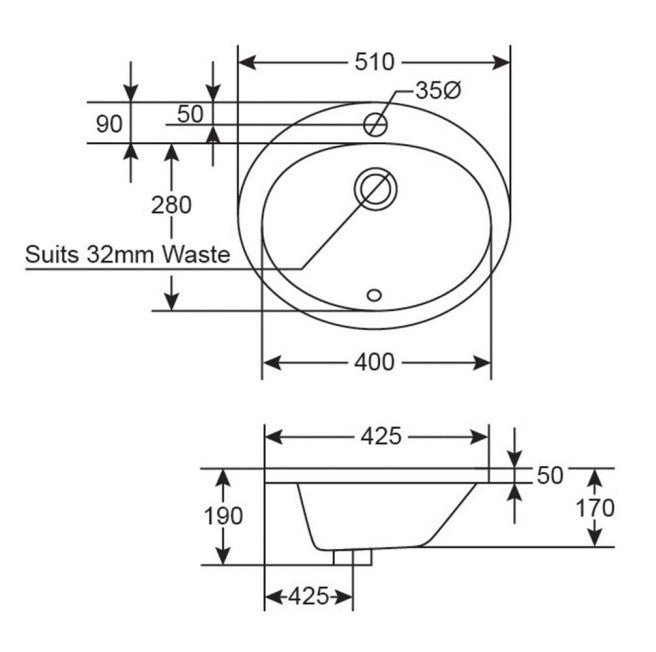 Azure Neu 510 Oval Drop In Basin 1 Tap Hole White D6051